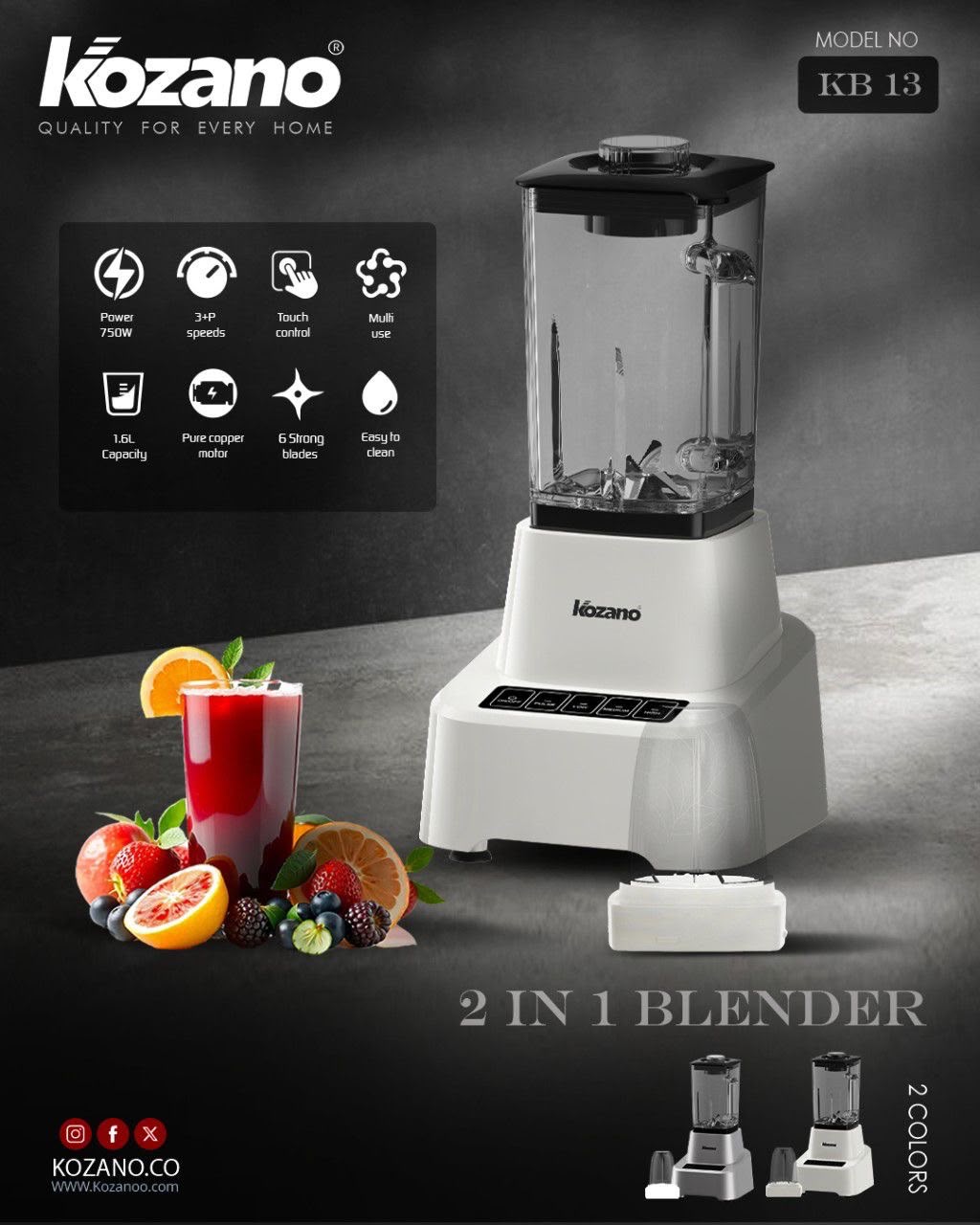 Blender Professionnel 2-en-1 Kozano KB 13 (Bol Verre + Broyeur)